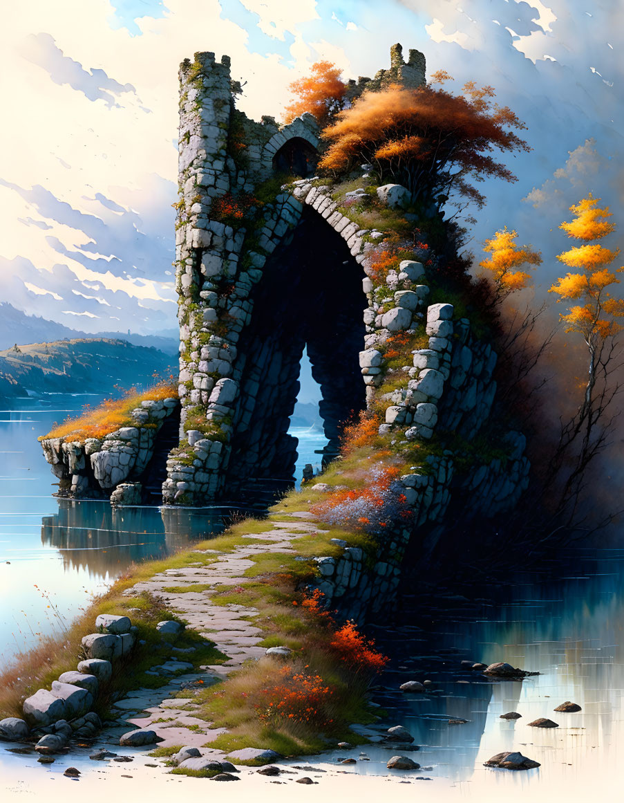 Stone archway over water with autumn trees and clear sky