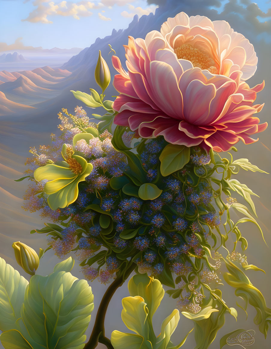 Colorful flower painting with mountain backdrop