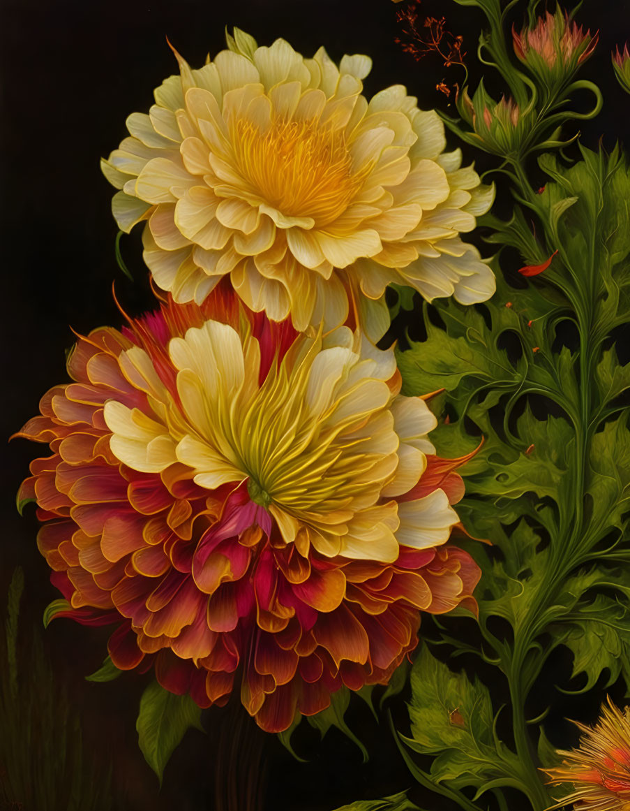 Vibrant yellow, orange, and red peony flowers on dark background