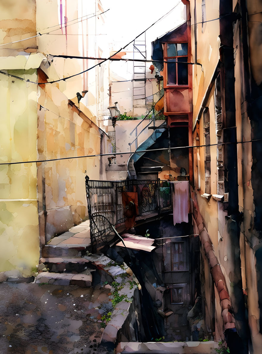 Colorful Watercolor Illustration: Sunlit Alley with Hanging Clothes and Staircase