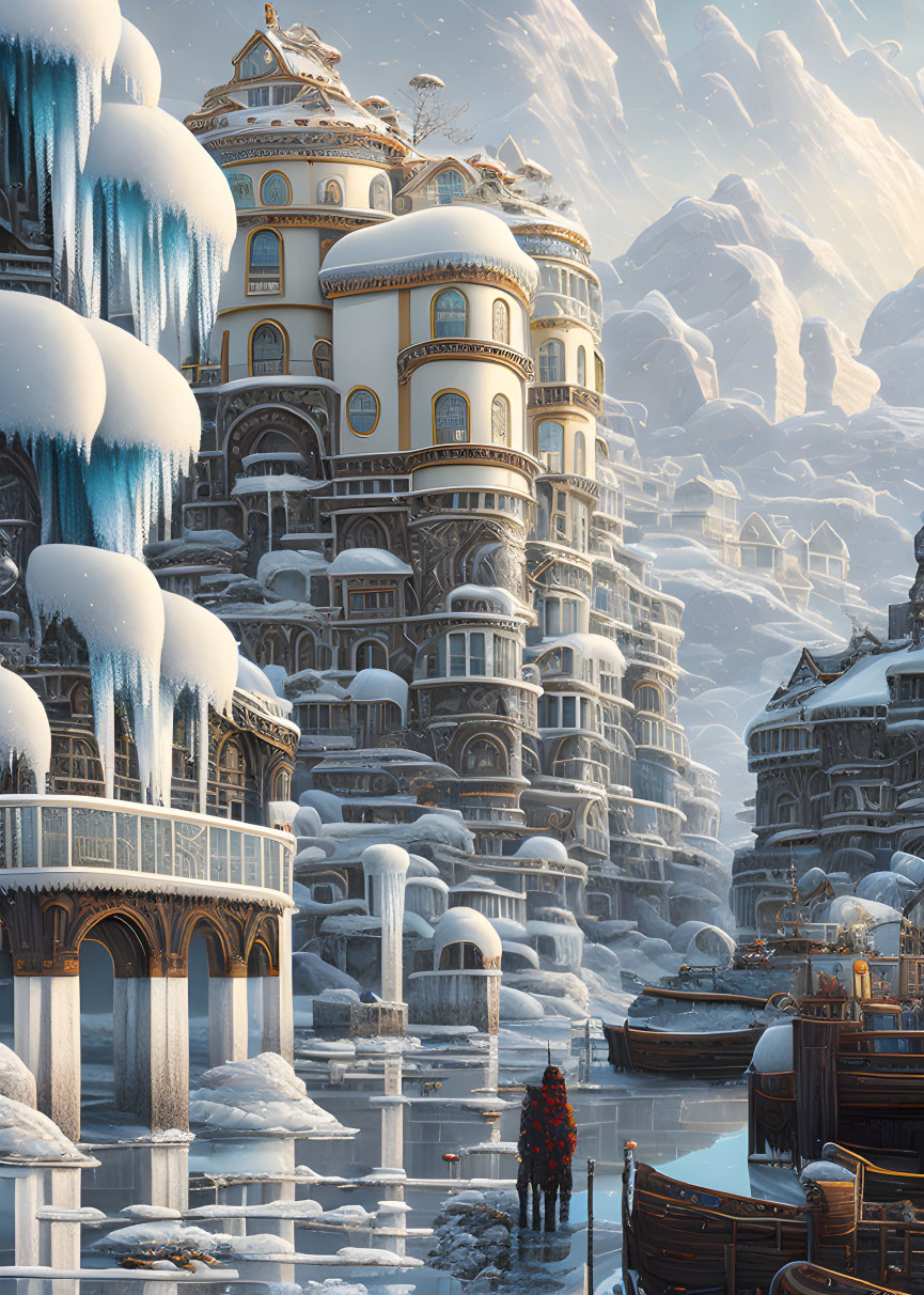 Fantasy city in snow with domed buildings and icy waterfalls