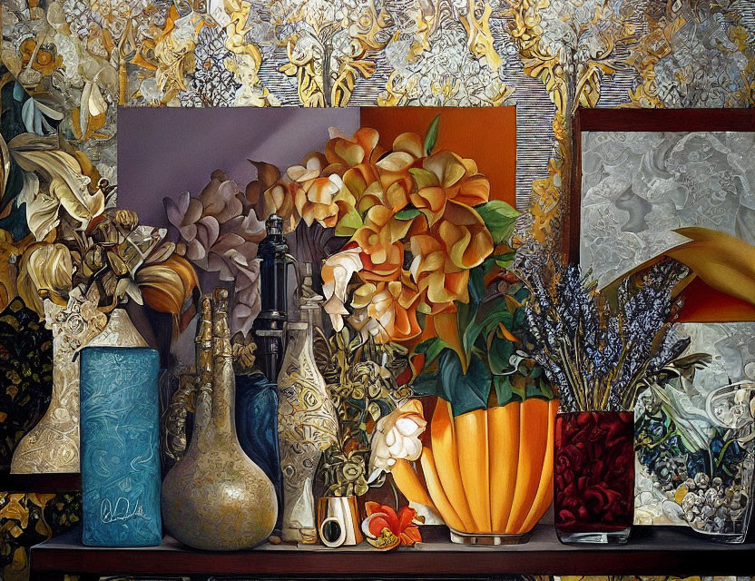 Colorful Still-Life Painting with Flowers, Intricate Patterns, and Diverse Containers