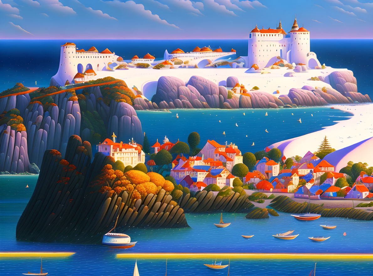 Colorful coastal town landscape with castles, boats, and autumn trees