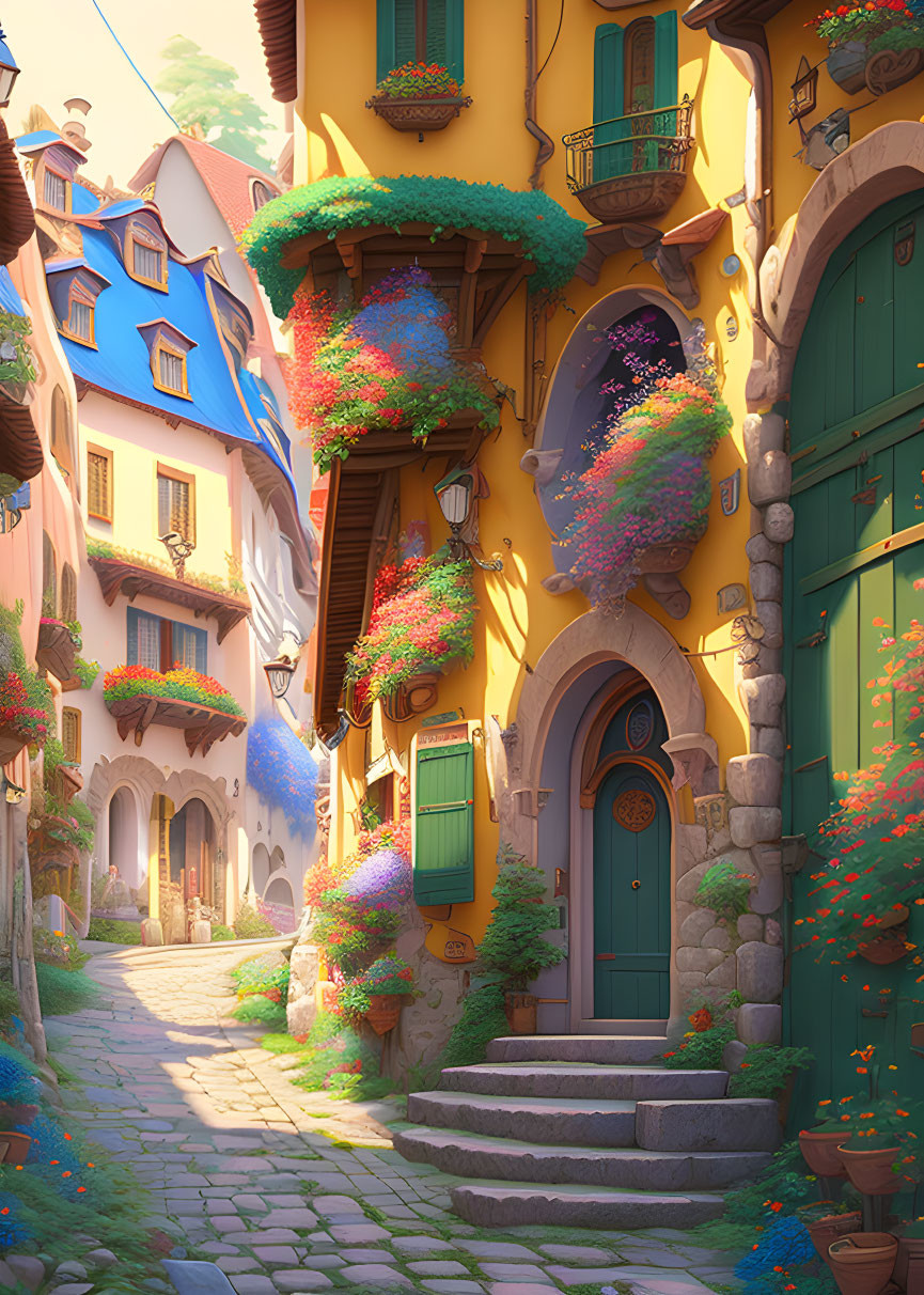 Colorful Cobblestone Alley with Charming Houses and Flowers