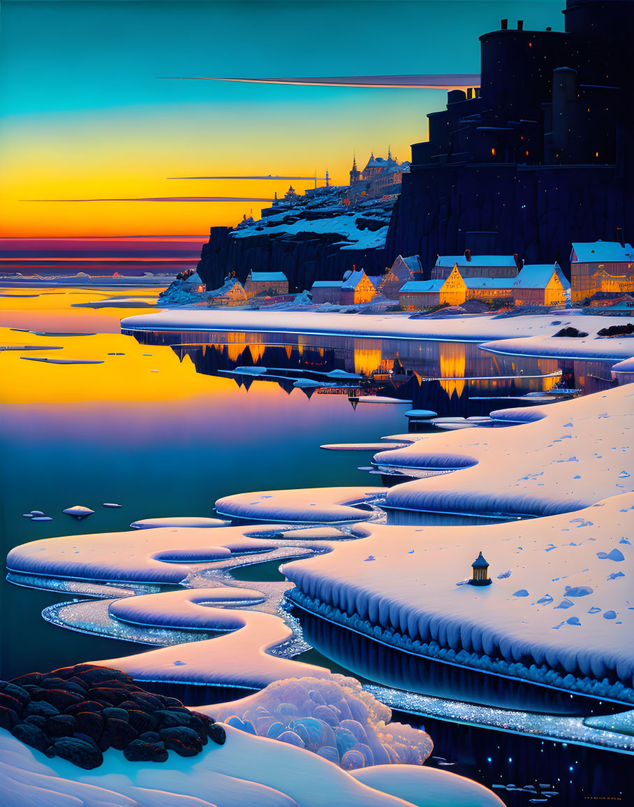 Winter sunset over castle and frozen river