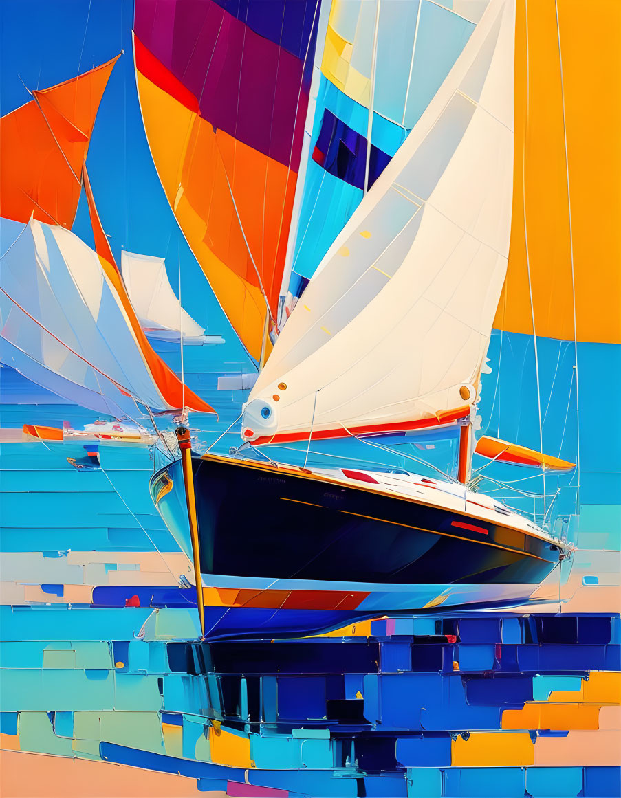 Colorful Sailboat Artwork with Geometric Shapes on Fragmented Sea