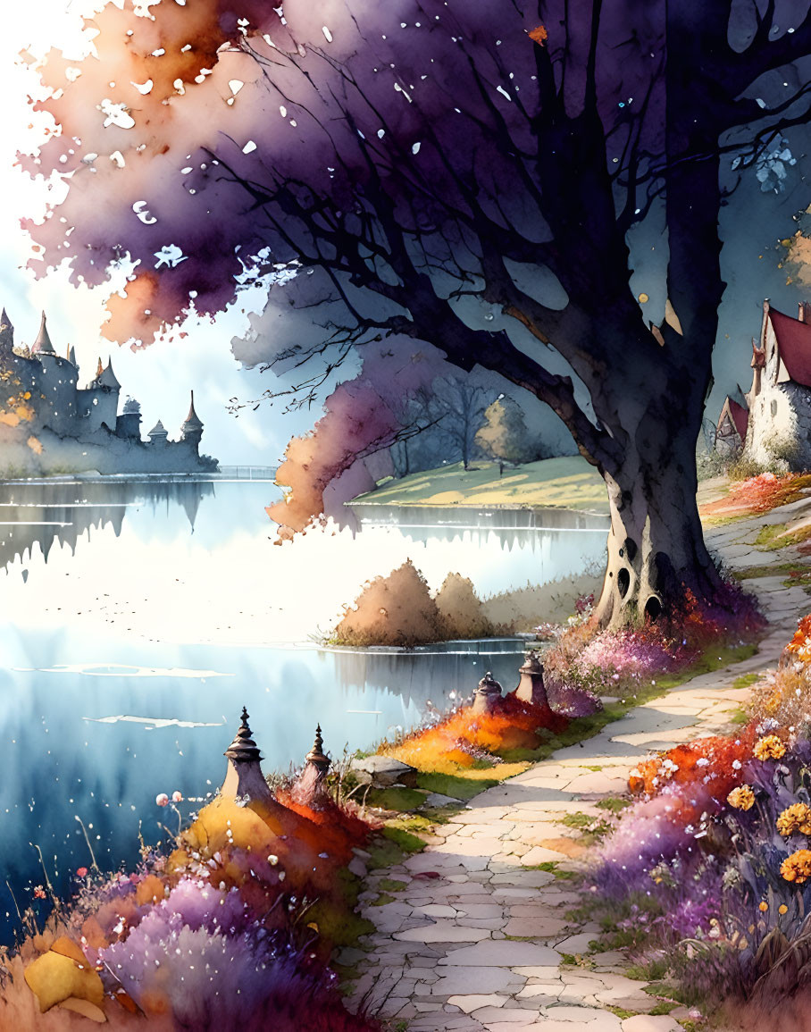 Scenic watercolor painting: Path, lake, tree, flowers, castle, clear sky