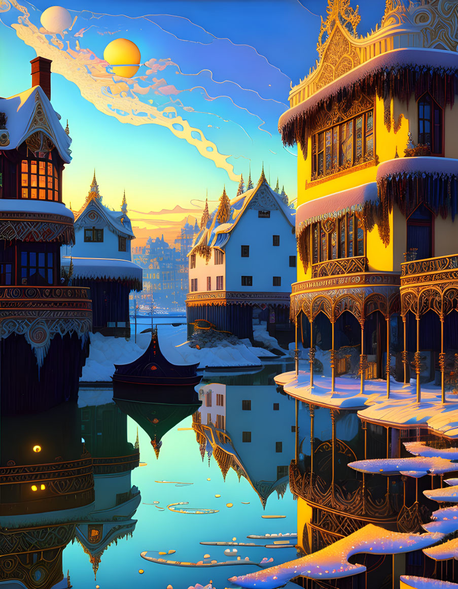 Snow-covered houses reflected in calm water under low sun and drifting clouds.