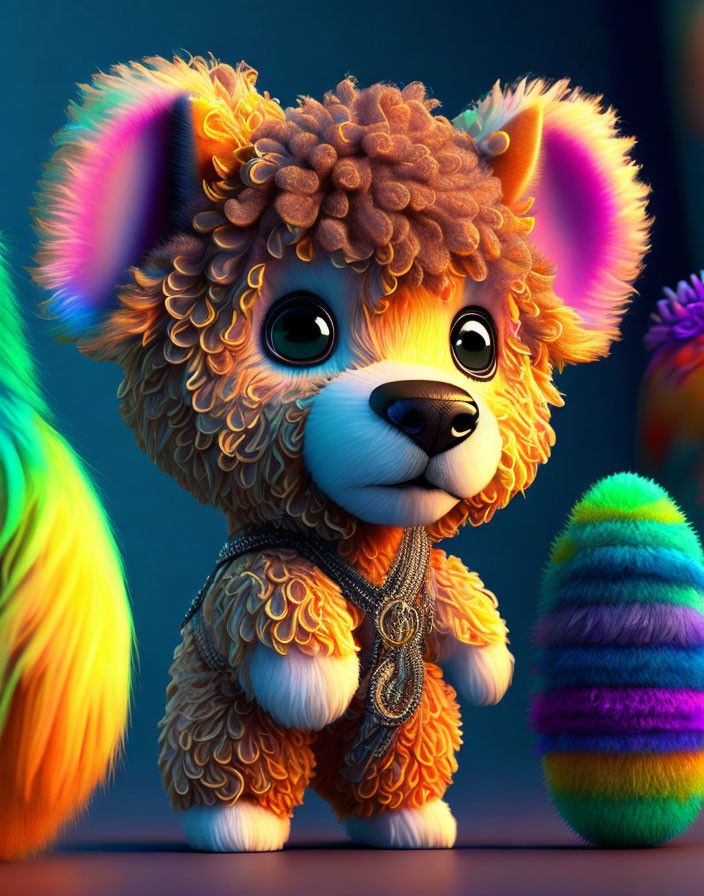 Colorful animated puppy with big eyes, orange mane, rainbow ears, and decorative harness on dark background