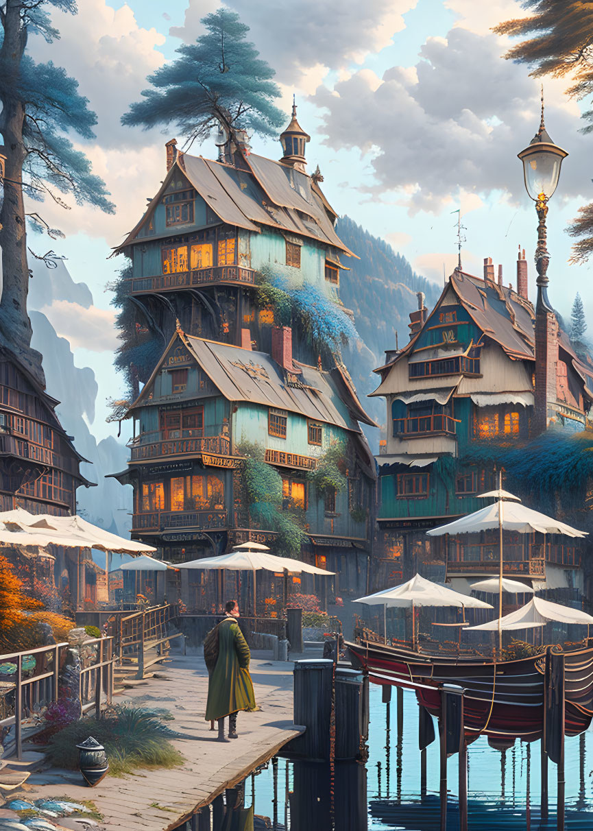 Green Cloaked Figure Observes Riverside Town with Ornate Houses, Mountains, and Dock