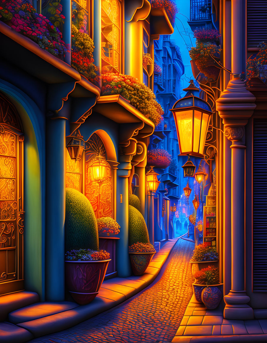 Vibrant flora and ornate doors in illuminated cobblestone alley