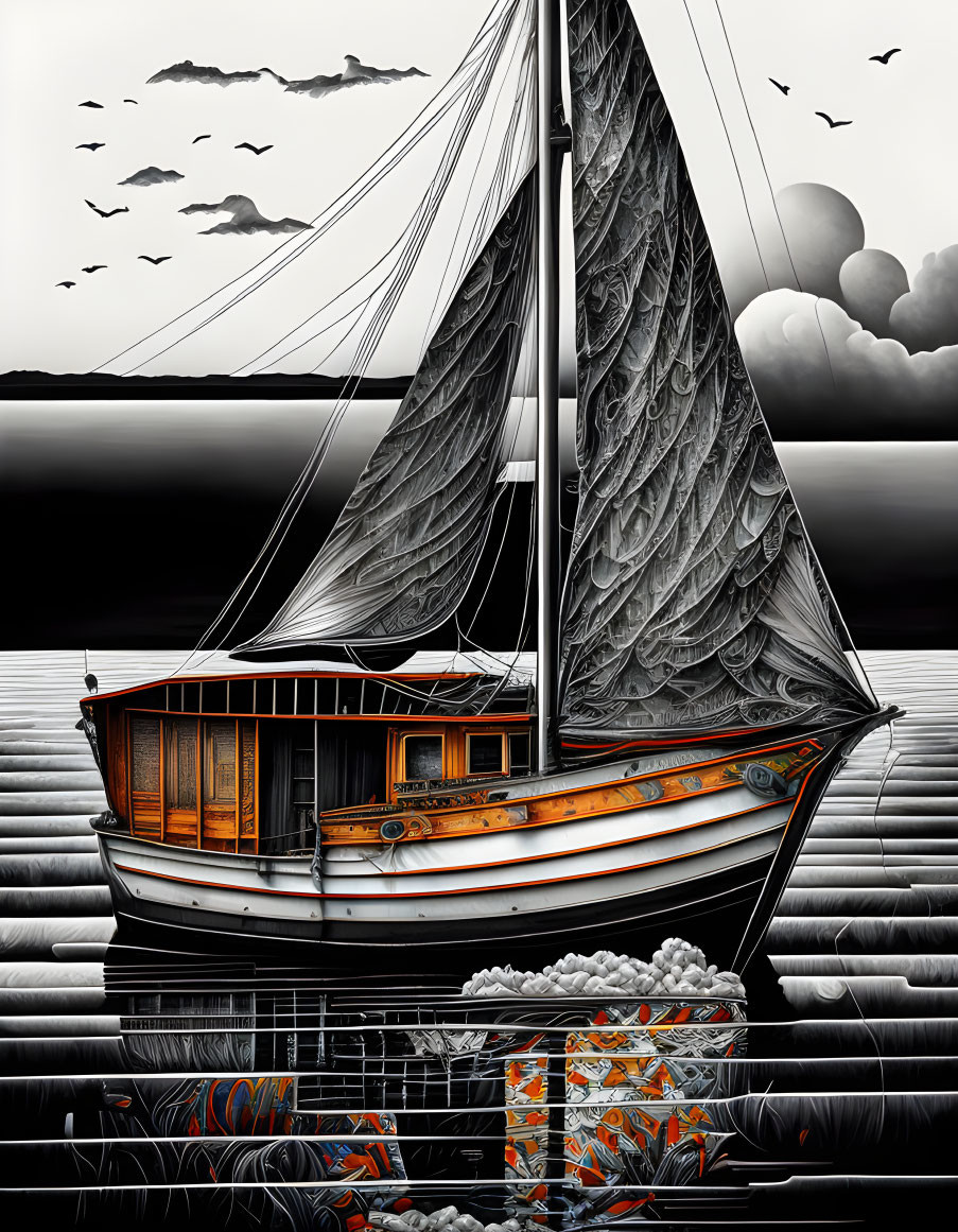 Detailed Monochromatic Sailboat with Patterns, Fish, and Birds