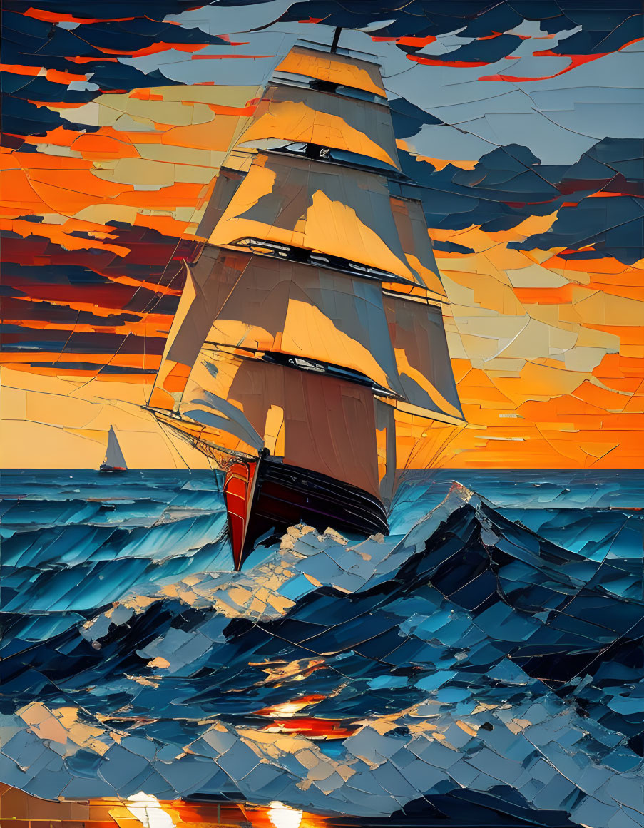 Stylized tall ship with full sails on choppy sea under orange and blue sky