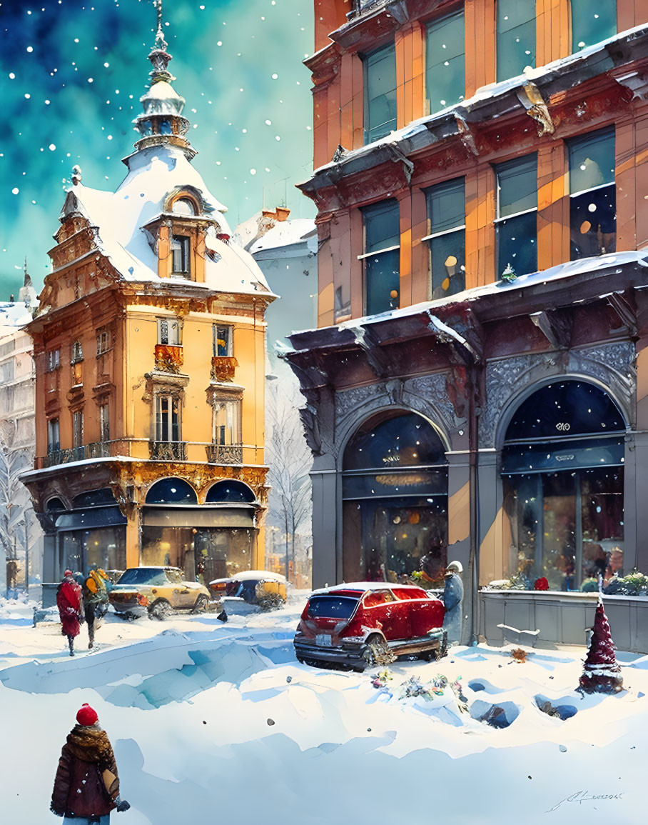 Snowy urban scene with pedestrians, red car, and historic buildings under bright blue sky