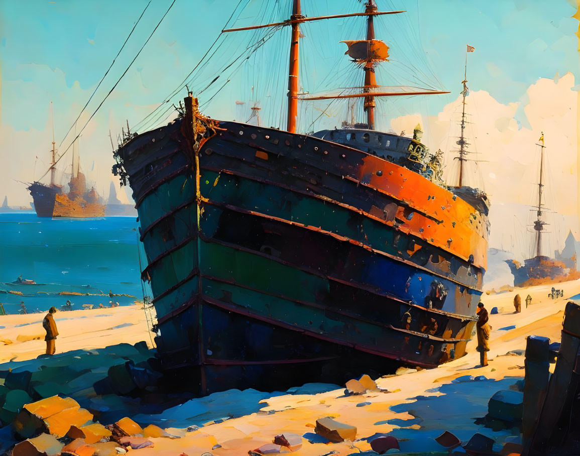 Colorful painting of beached ship with people and other ships under clear sky