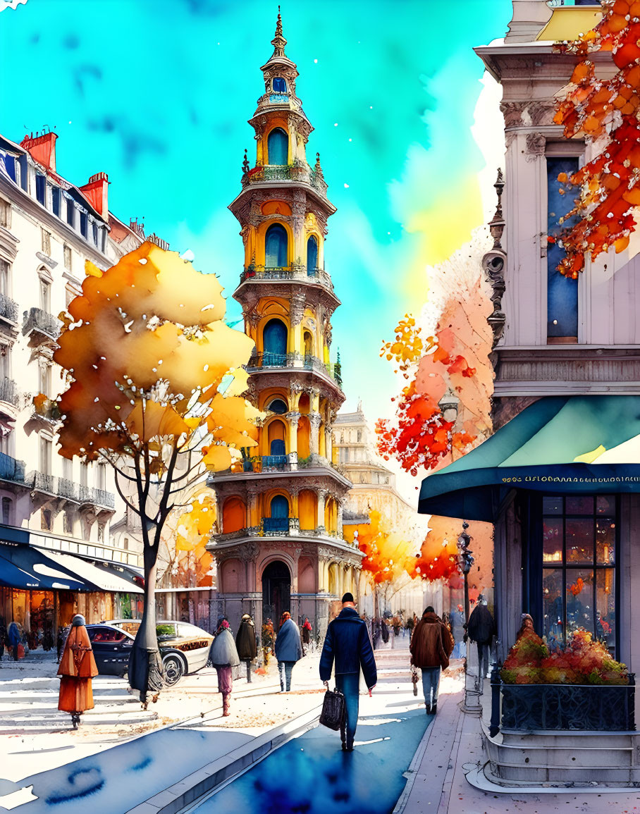 Colorful autumn cityscape illustration with pedestrians, ornate tower, and quaint buildings under clear blue sky