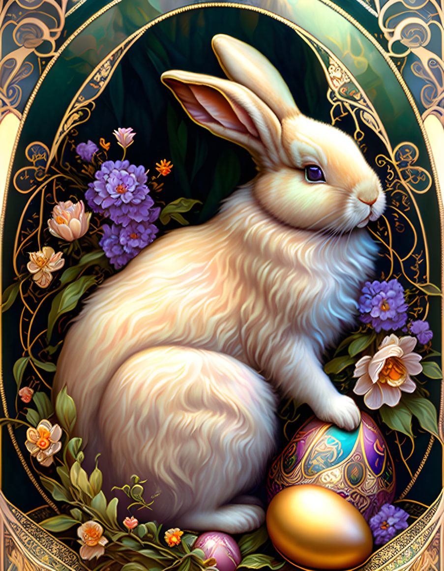 Illustrated rabbit with decorative egg in ornate art nouveau border