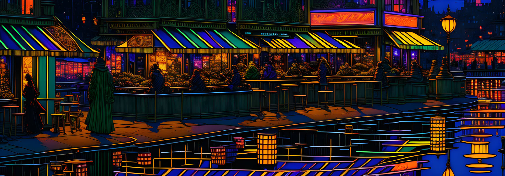 Vibrant neon-lit urban night scene with shops, benches, and trees