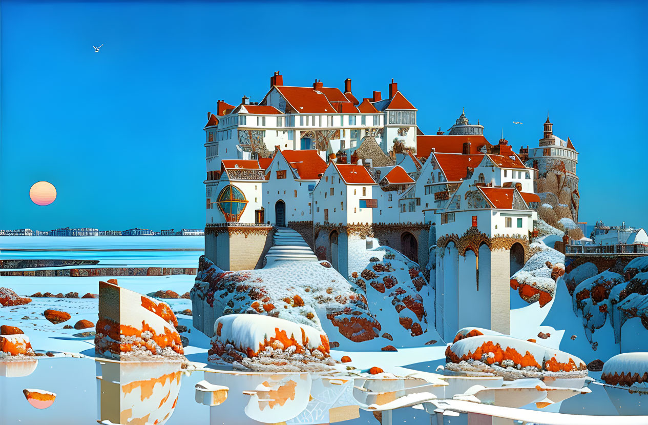 Snow-covered castle by calm lake in winter scenery