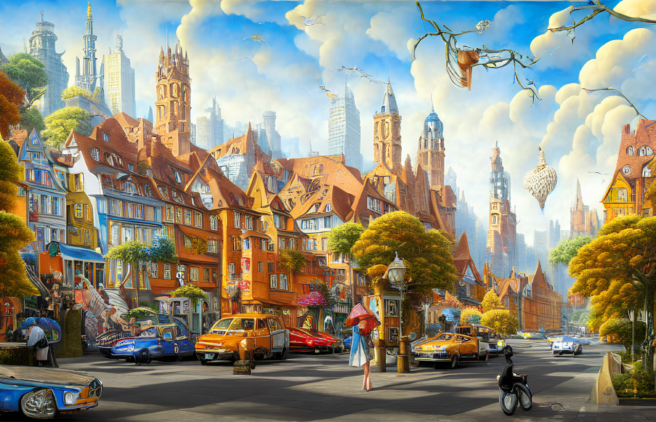 Colorful cityscape with traditional and modern architecture, vintage cars, pedestrians, cyclists, and flying machines