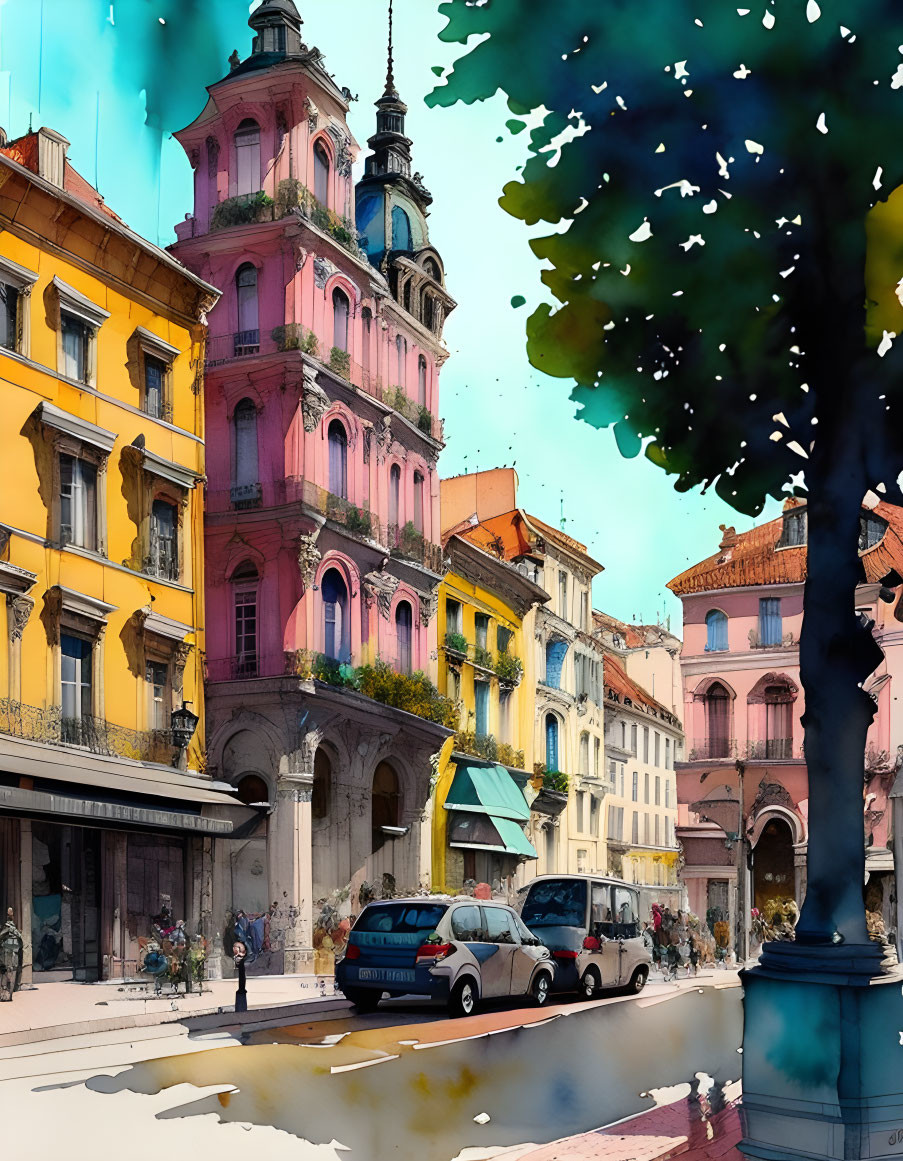 Colorful European street scene with parked cars and pedestrians in a painterly style