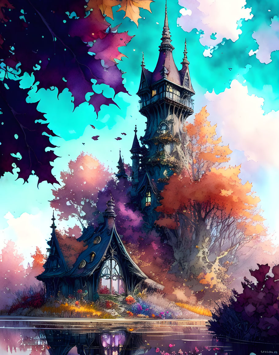 Illustration of fairy-tale castle tower in autumn scenery