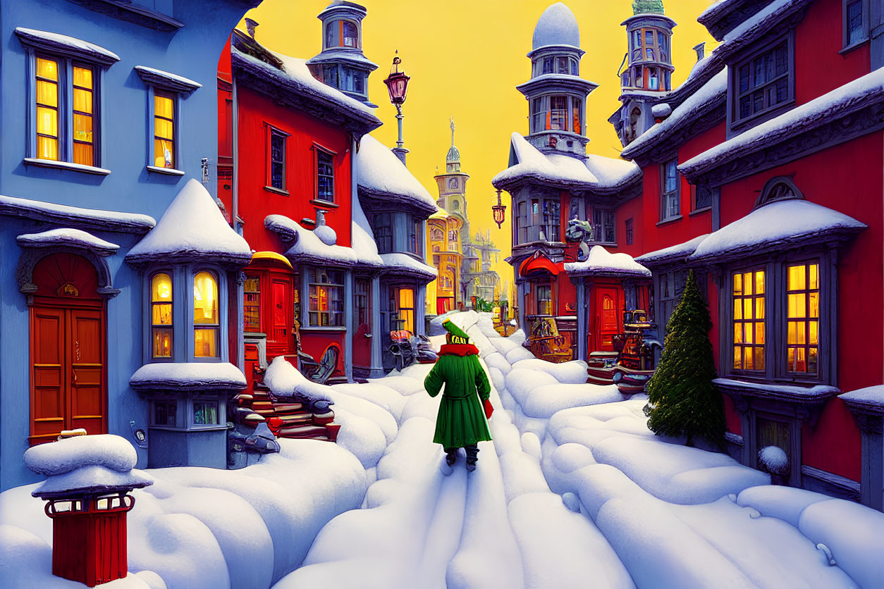 Person in Green Coat Walking Through Snow-Covered Village