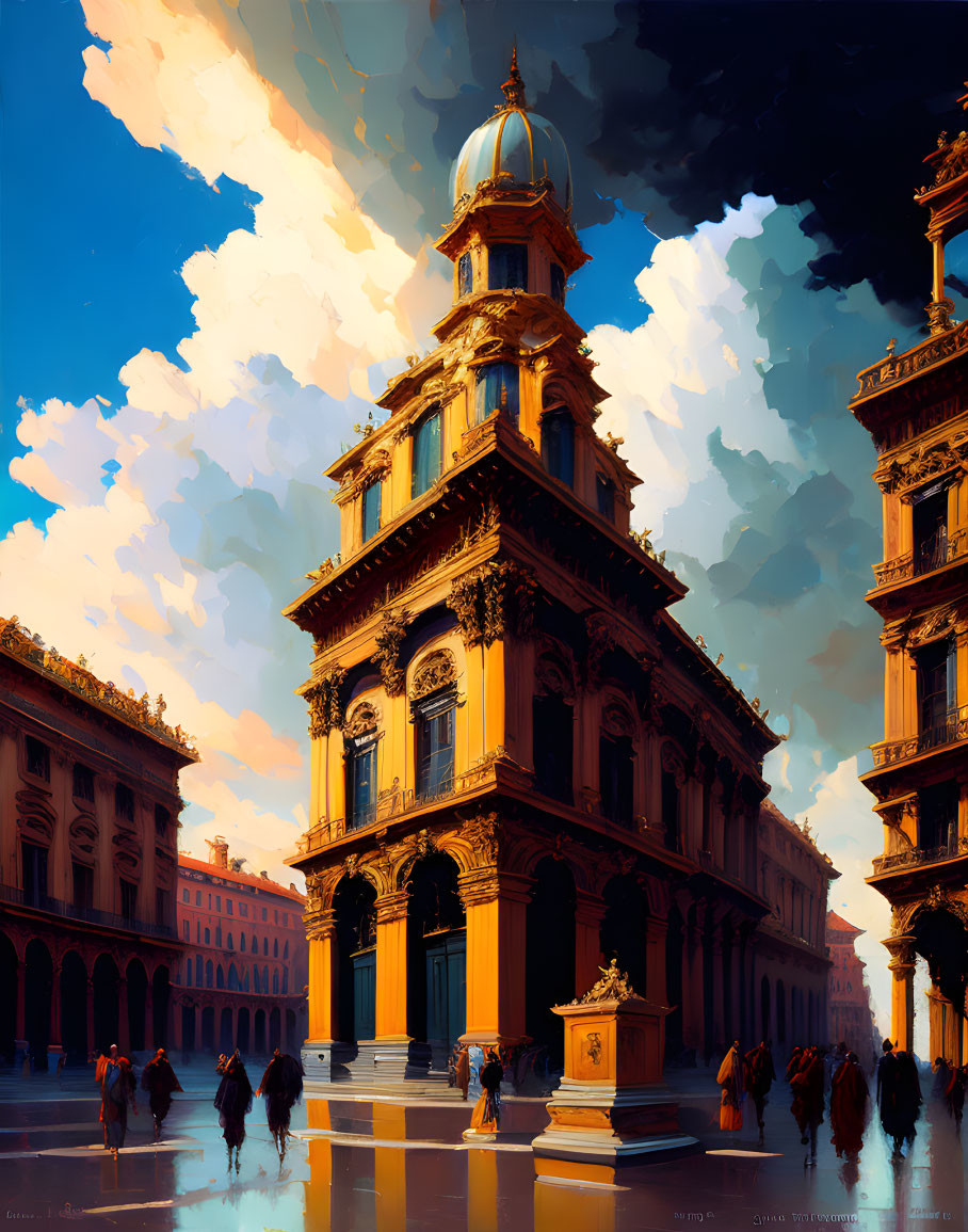 Digital painting of grand building with dome & sculpted monument in sunlit square.