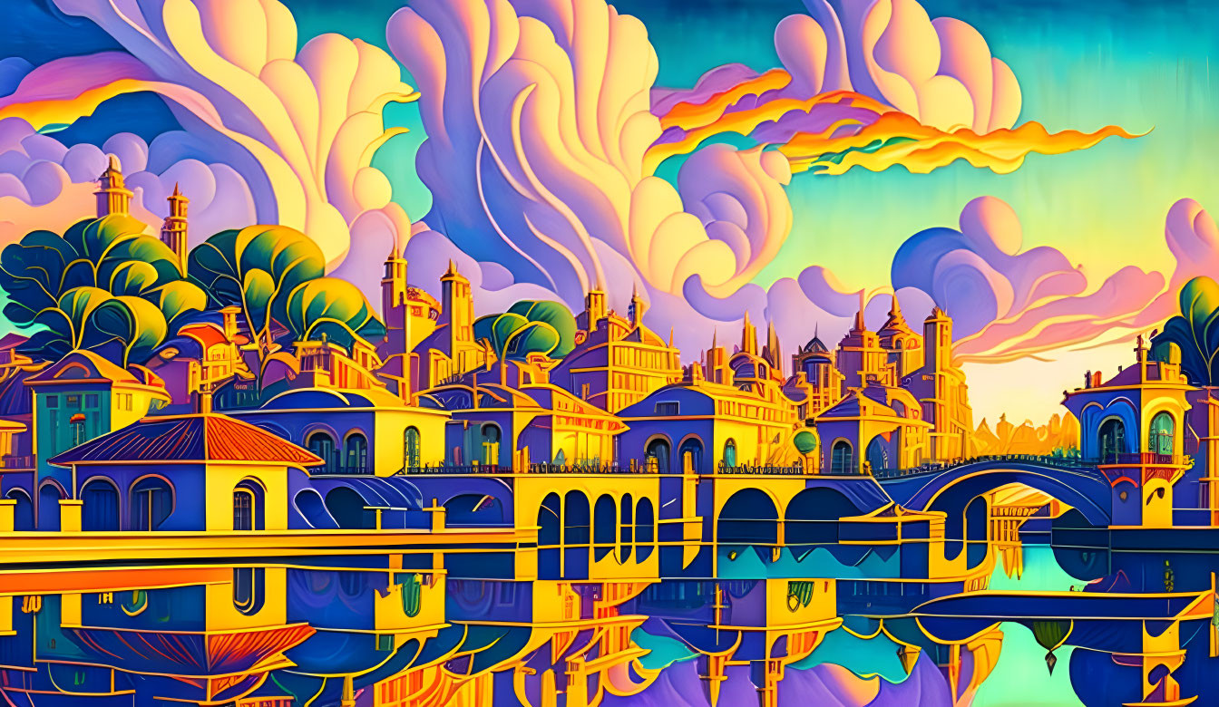 Colorful Stylized Cityscape with Exaggerated Clouds and Reflections