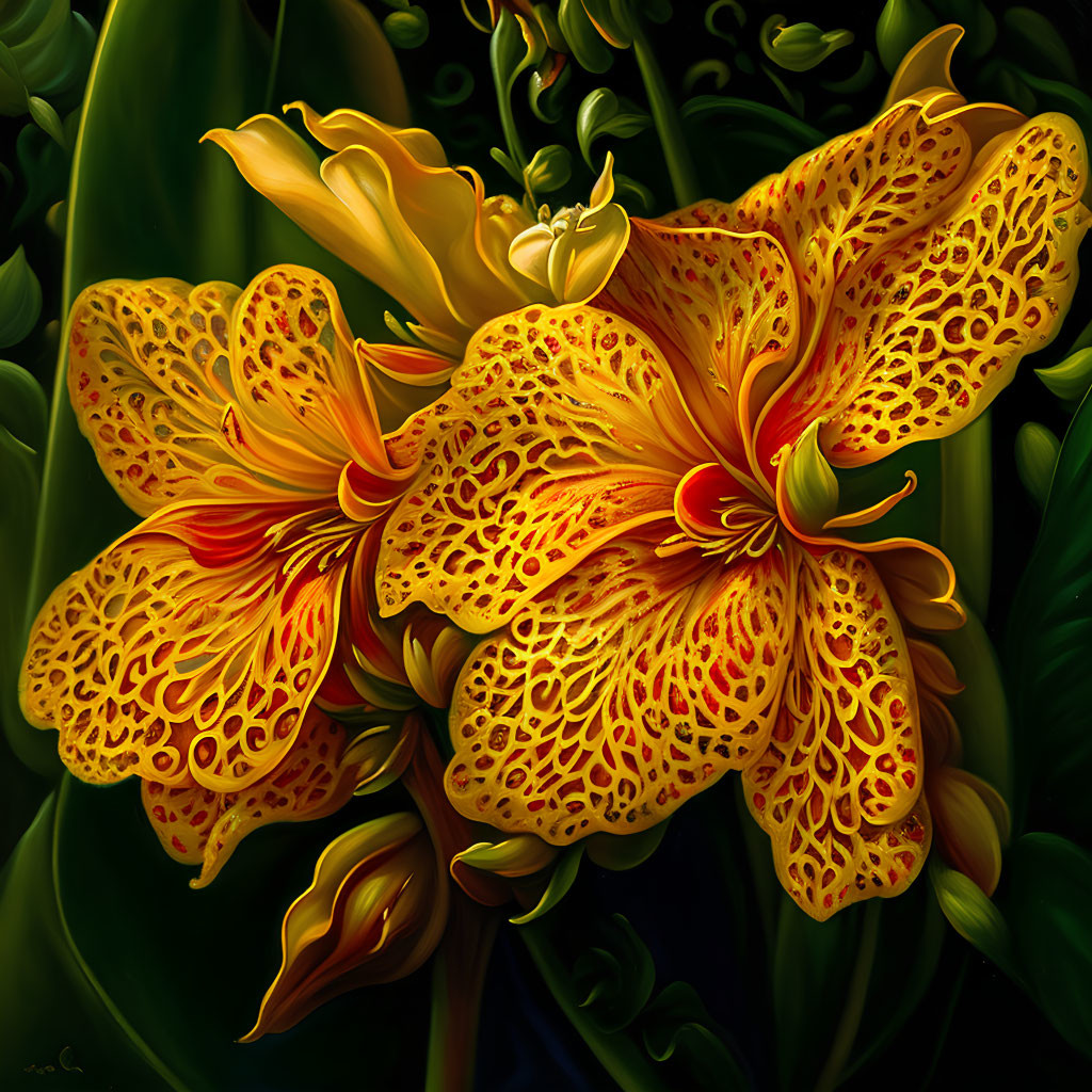 Bright Orange-Yellow Speckled Flowers in Lush Green Foliage