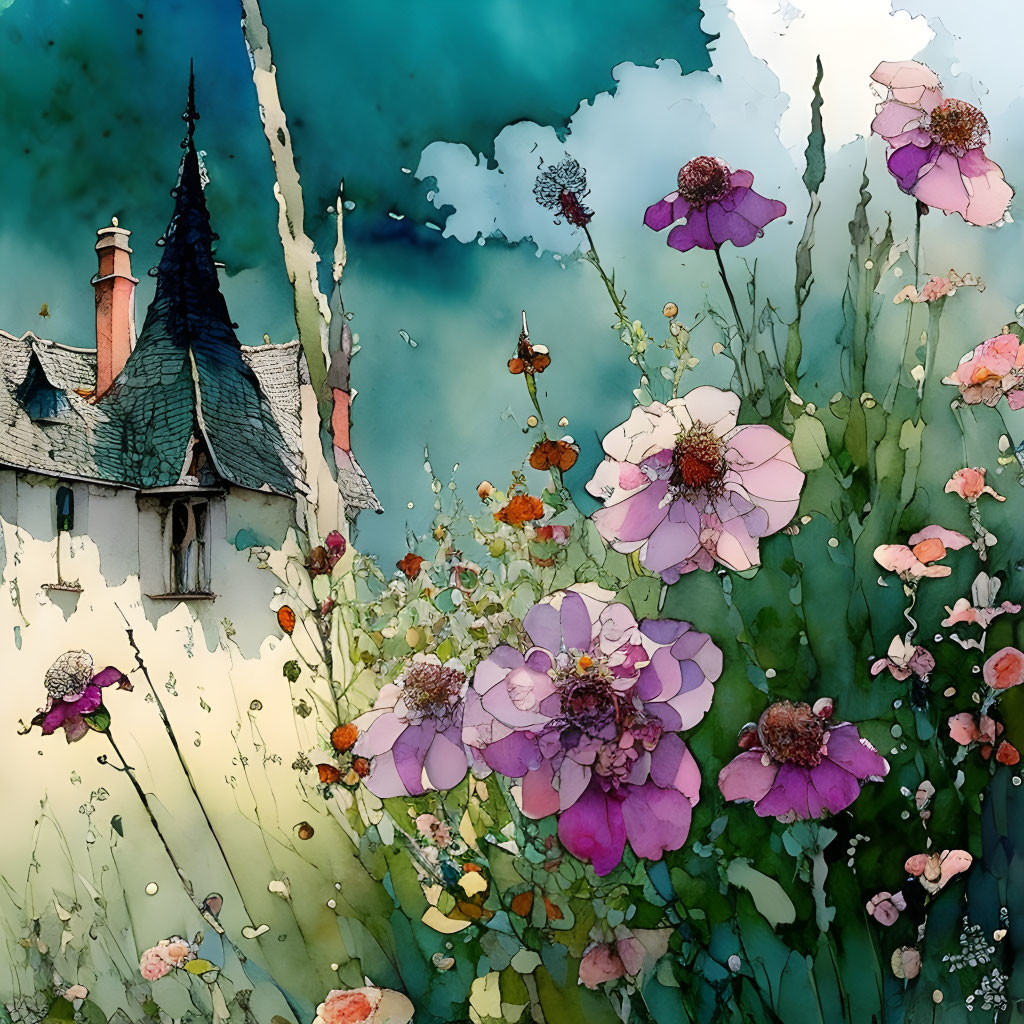 Vibrant pink and purple flowers with cottage and clear sky illustration