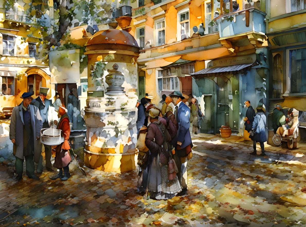 Colorful Watercolor Painting of Vintage Street Scene with Fountain and People