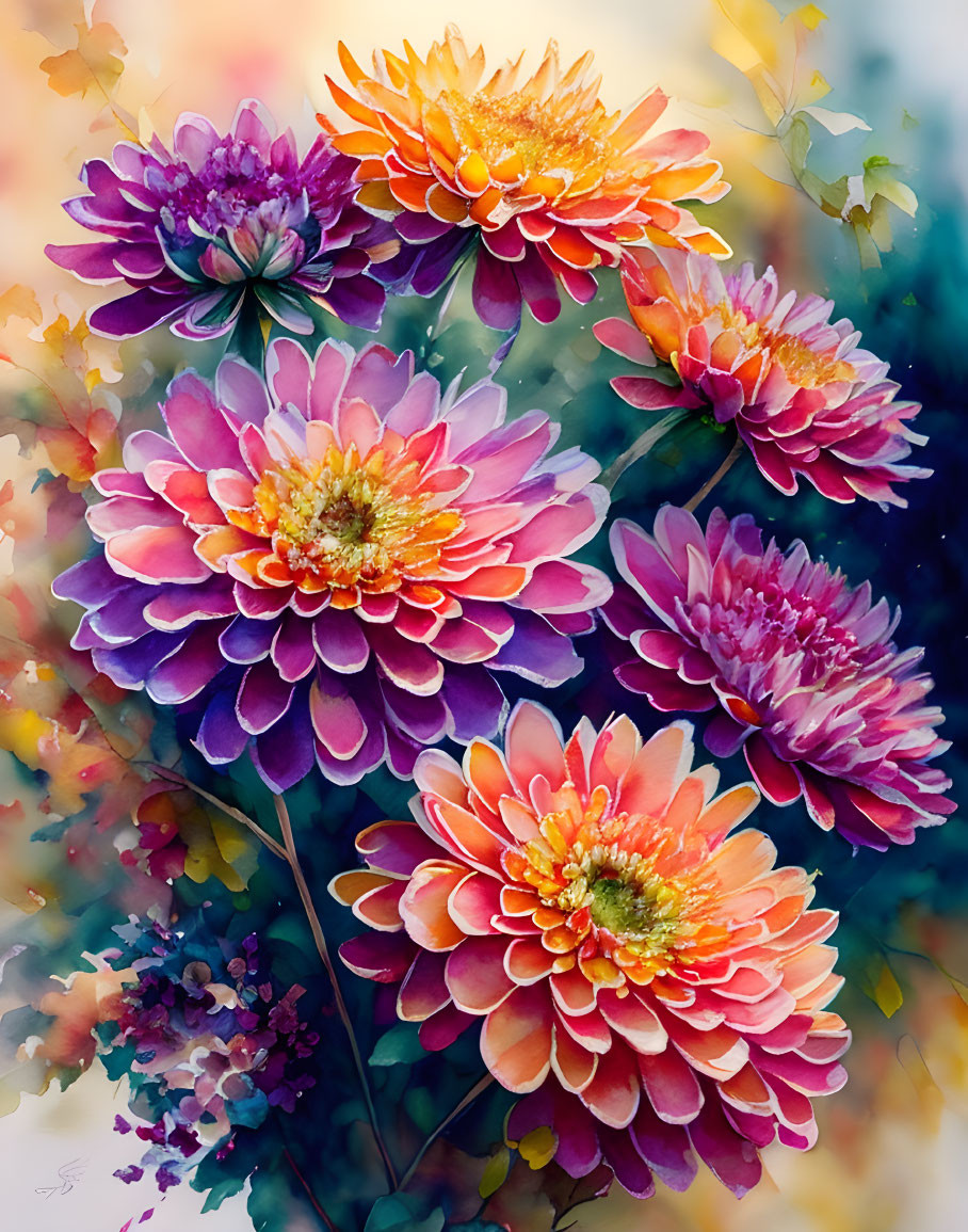 Colorful Watercolor Painting: Cluster of Dahlias in Soft-focus Background