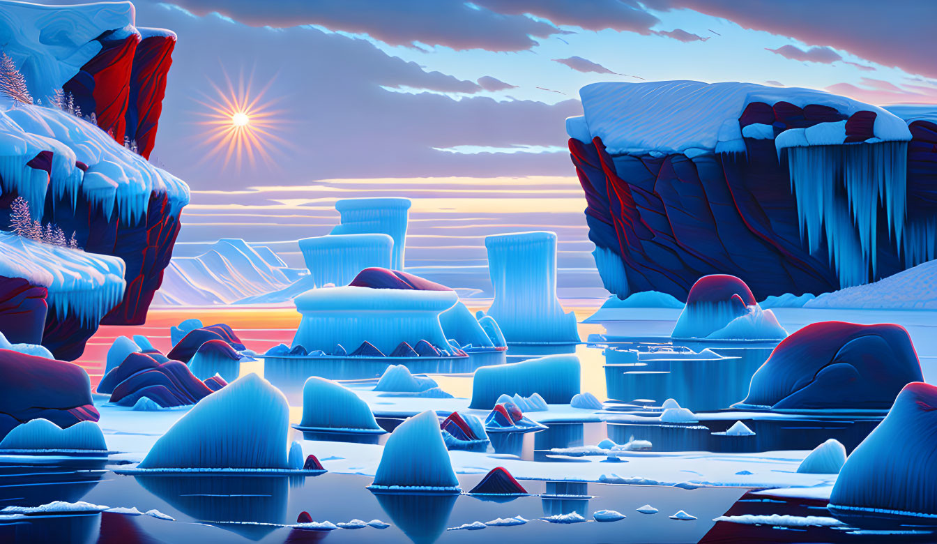 Tranquil Arctic landscape with stylized ice formations under a calm sky