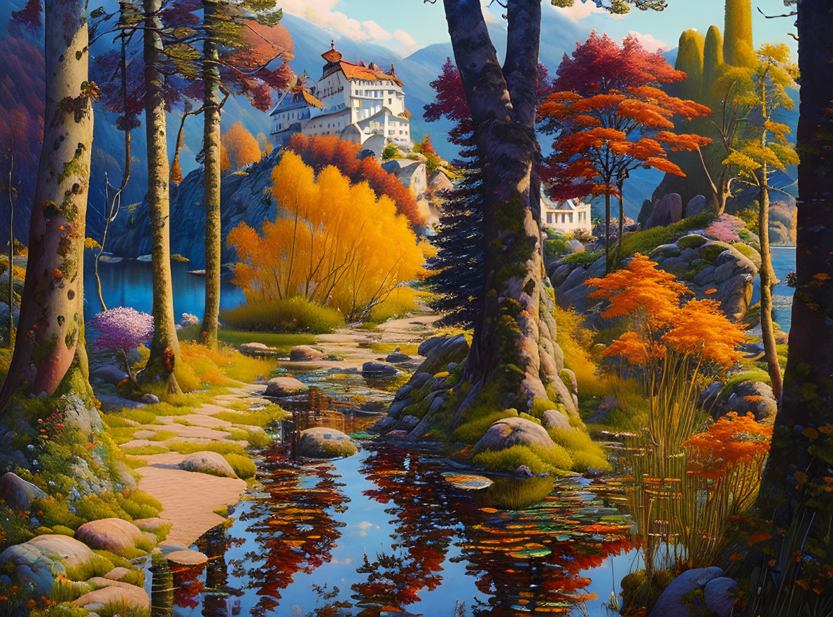 Autumn castle landscape with vibrant trees and reflective river