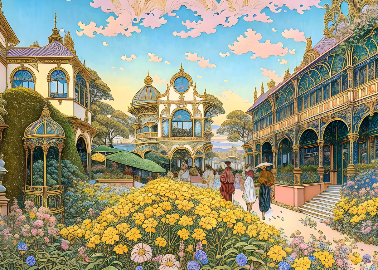 Detailed Illustration of Fantastical Garden with Ornate Buildings and Lush Vegetation