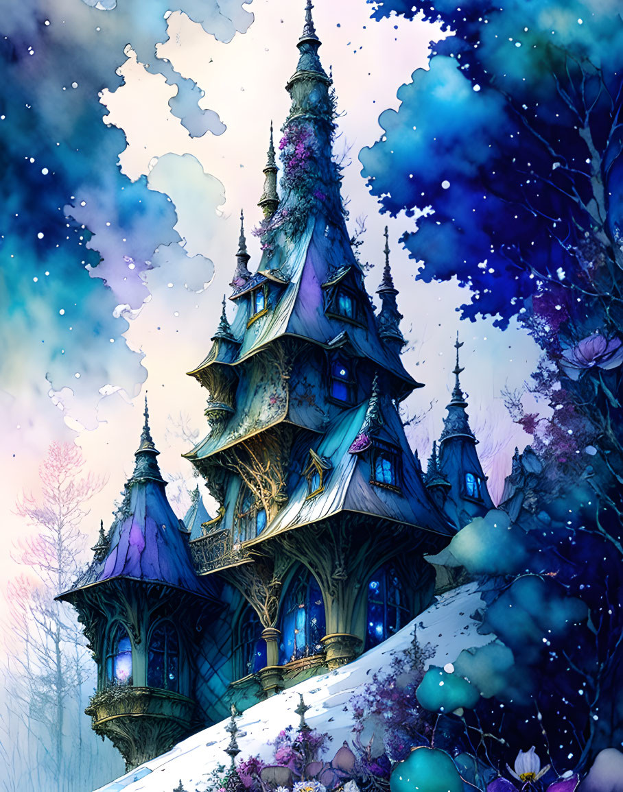 Fantasy tower in snowy woodland with purple trees under starry sky