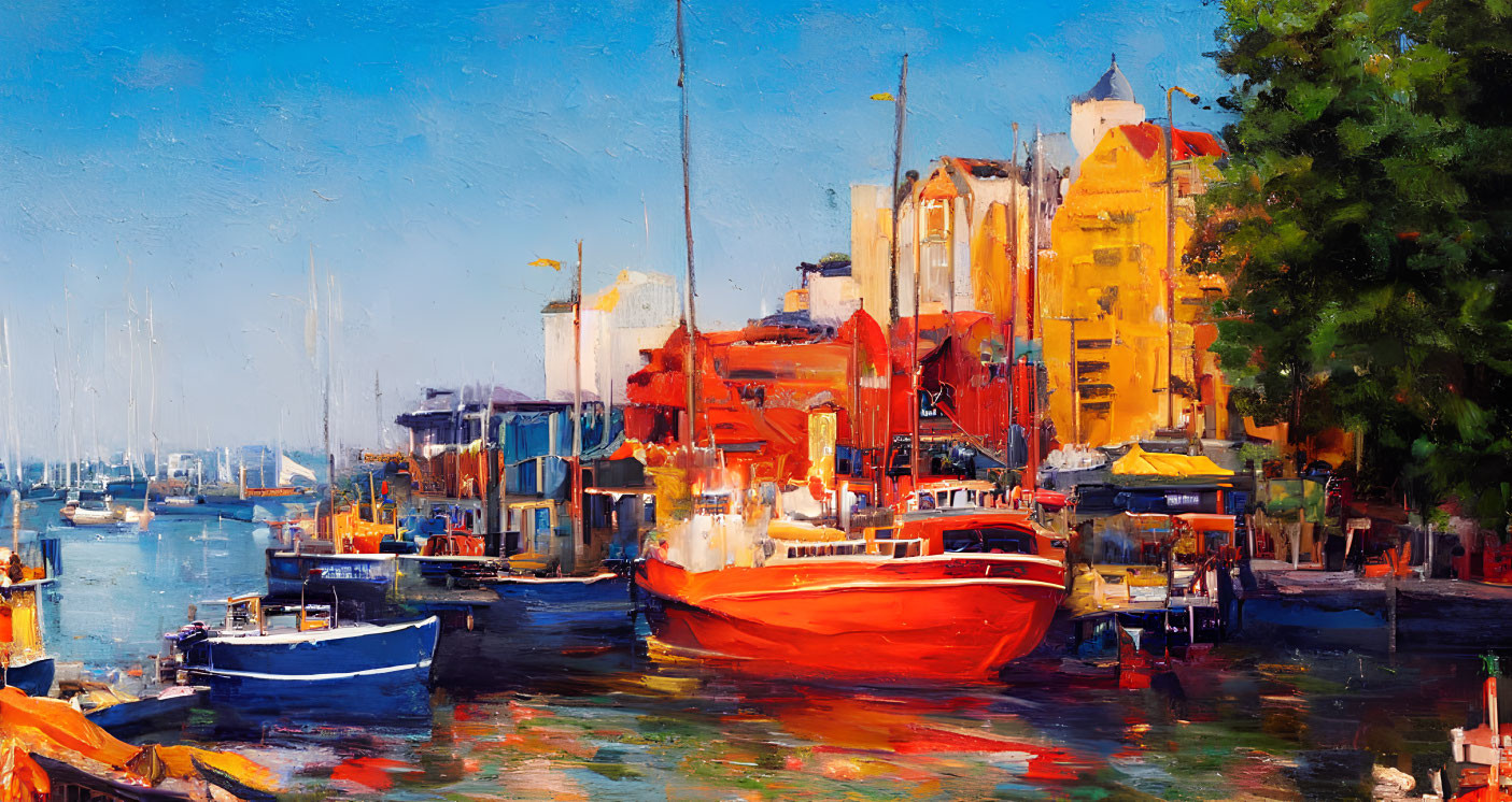 Impressionist painting of bustling harbor with colorful buildings and boats