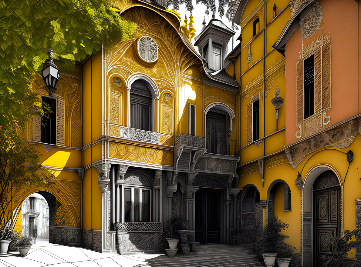 Ornate yellow building with black details in lush green setting