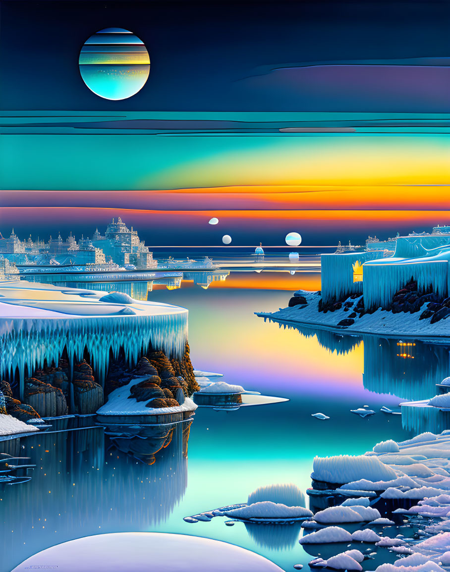 Surrealist landscape with waterfalls, icy terrains, celestial bodies, and futuristic city silhouette