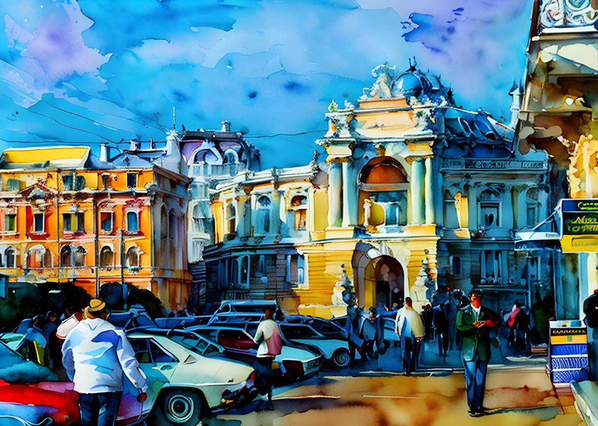 Colorful watercolor painting of a lively city street with classic buildings, pedestrians, and vintage vehicles.