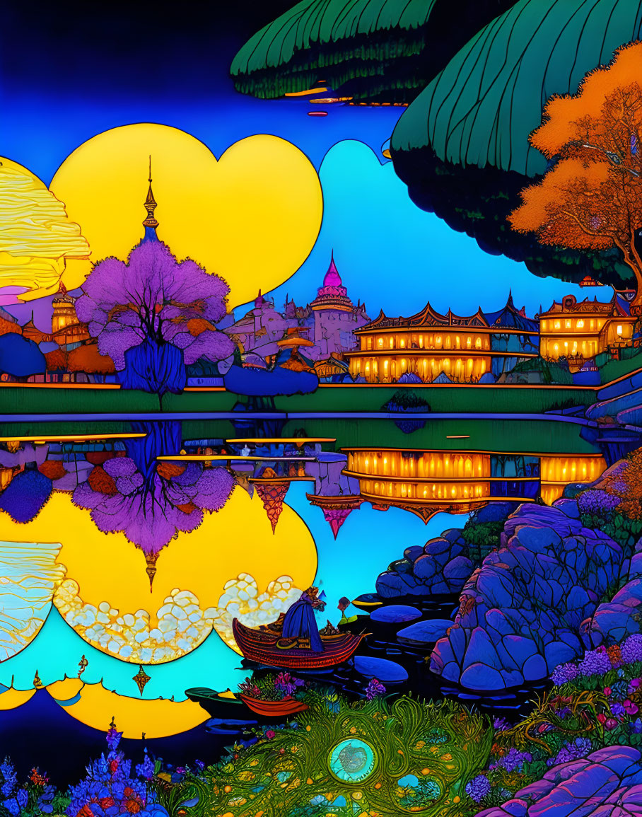 Colorful Eastern Twilight Landscape with Boat and Heart-Shaped Clouds