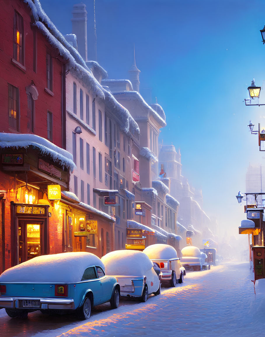 Snow-covered street at twilight with illuminated shopfronts, parked cars, vintage street lamps