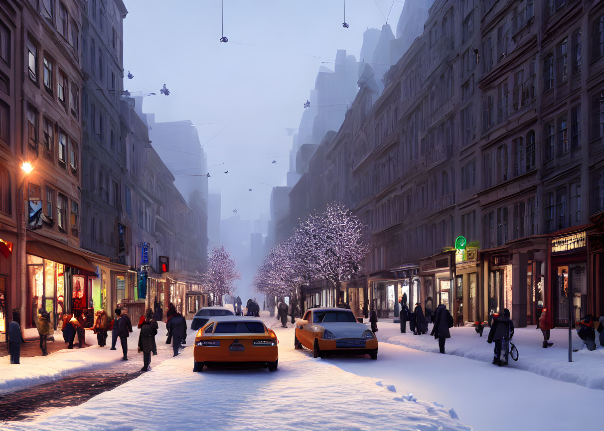 Snowy city street at dusk with people, cars, shopfronts, and festive lights.