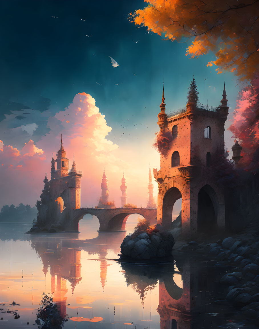 Ethereal castle with spires and arches reflected in water at sunset