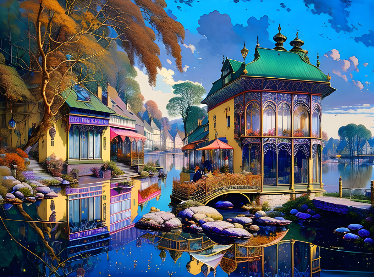 Serene lakeside scene with ornate buildings, couple, and autumn trees