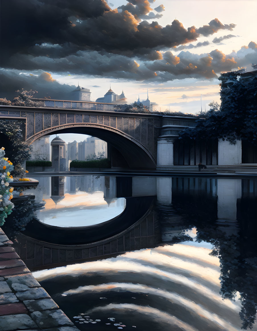 Stone bridge over tranquil river at sunset with city skyline