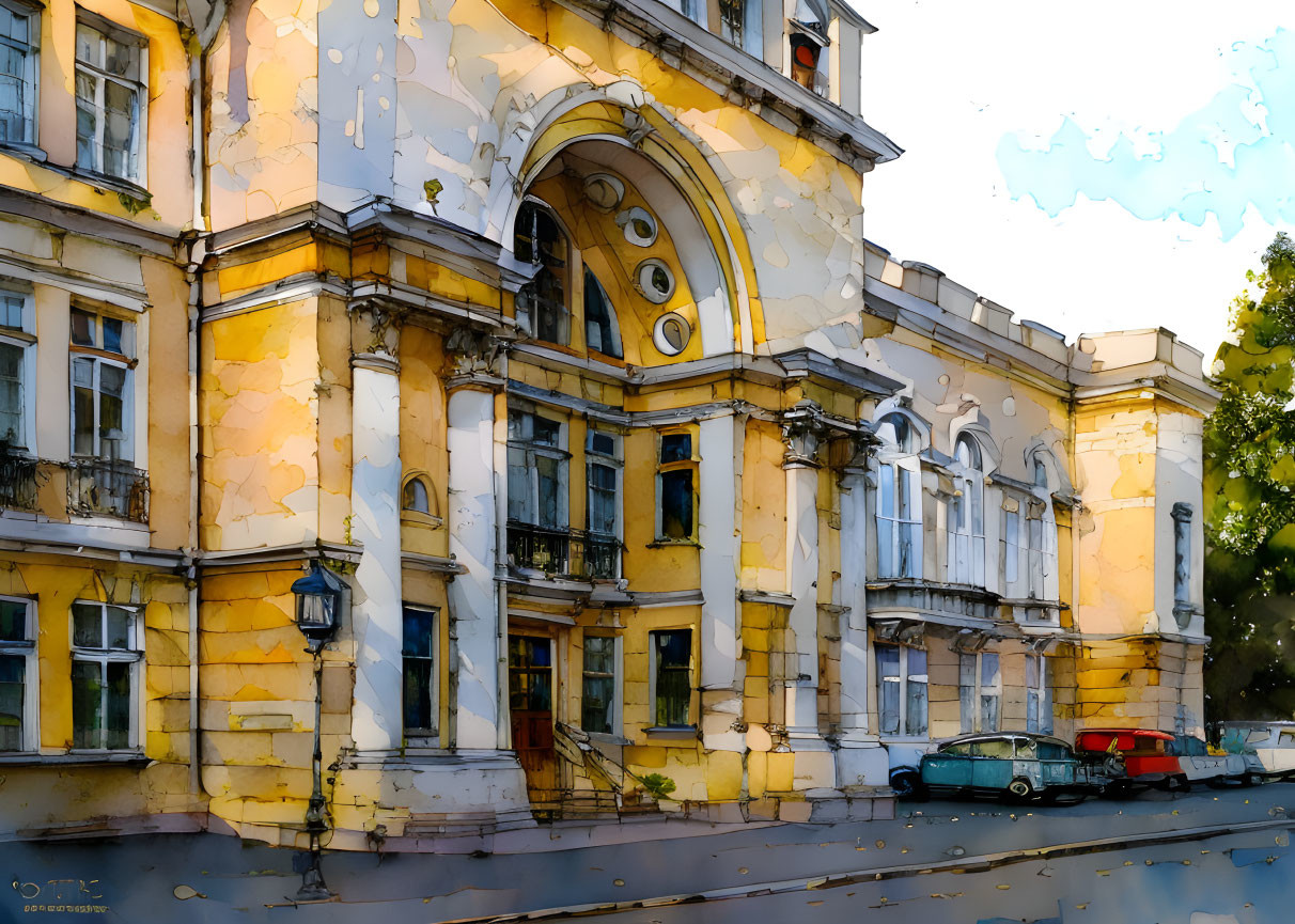 Digitally watercolored elegant building with grand archway and bright yellow walls