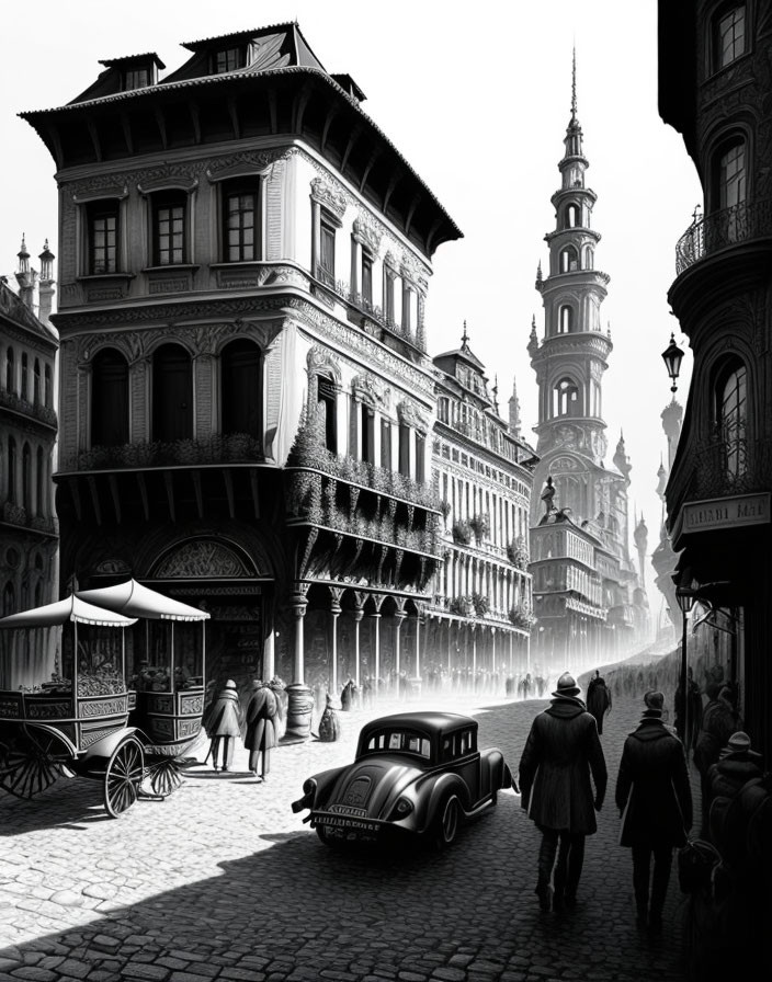 Monochrome illustration of historical street scene with pedestrians, vintage cars, horse-drawn carriages, orn