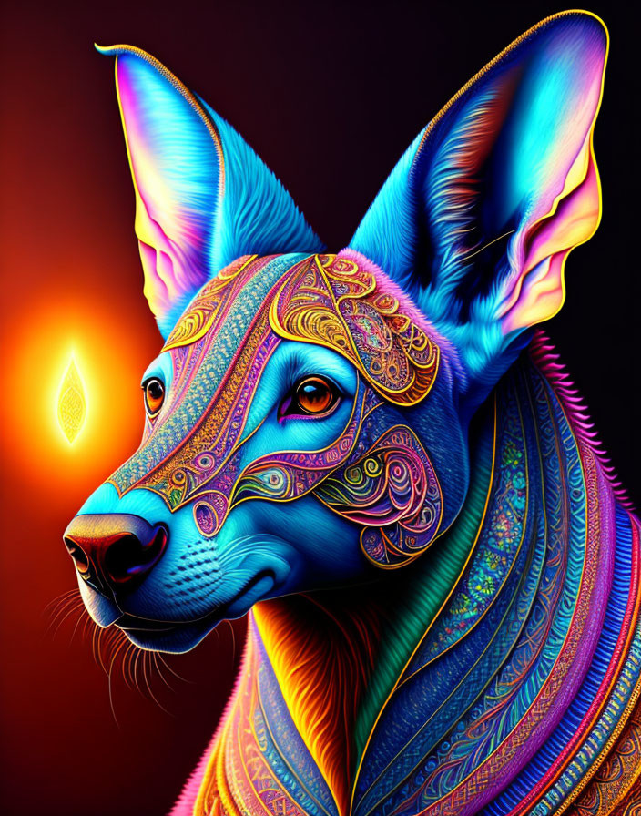 Colorful digital fennec fox art with intricate patterns on gradient backdrop